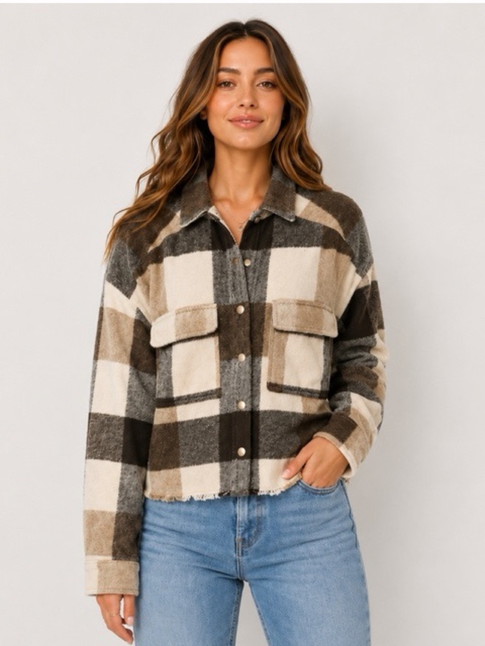 Mustard Seed Plaid Cropped‎ Raw Hem Shacket
